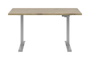 Moderner E-Schreibtisch mit Holzplatte und grauem Metallgestell, Frontalansicht