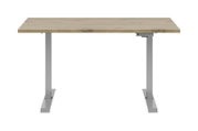 Moderner E-Schreibtisch mit Holzplatte und grauem Metallgestell, Frontalansicht