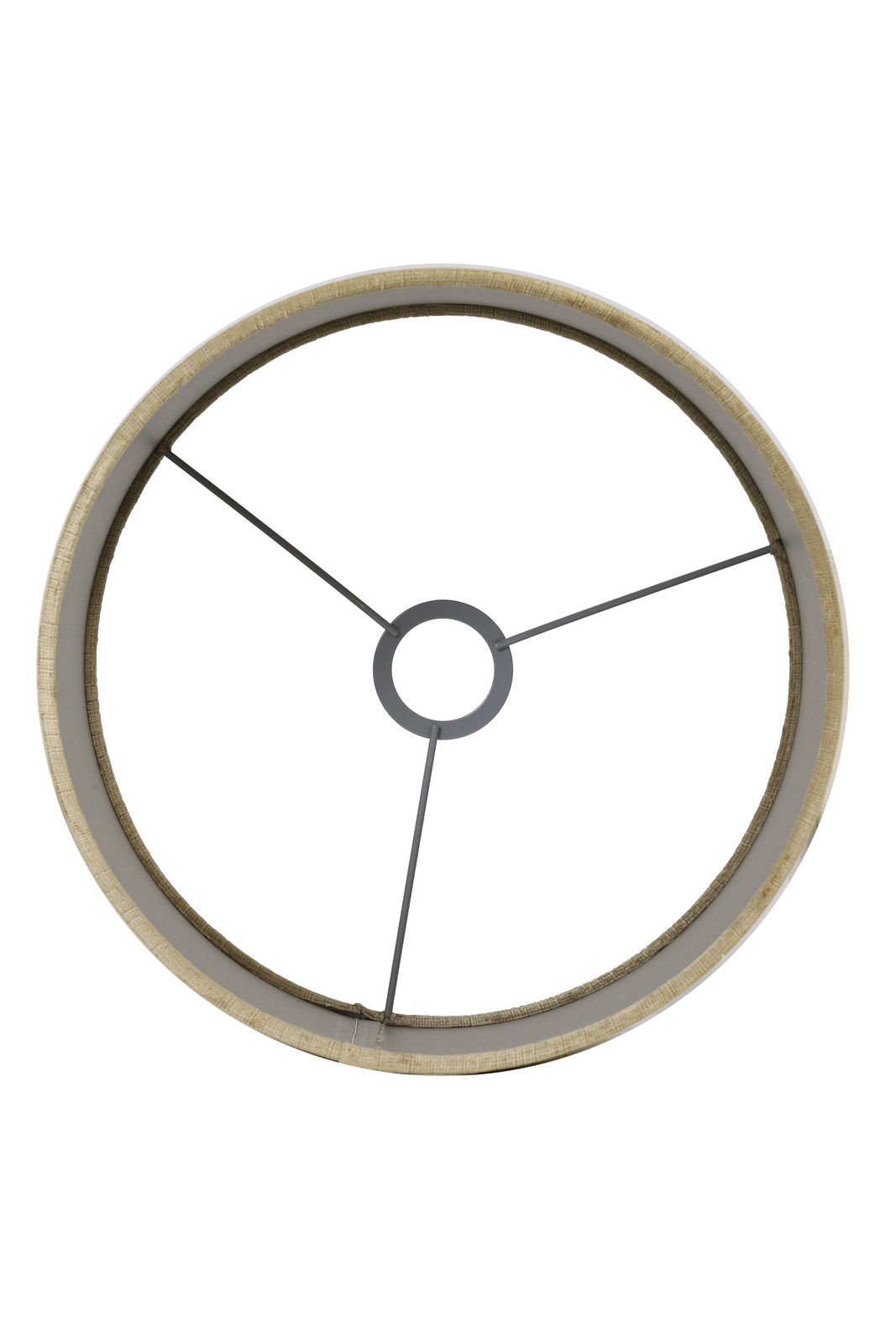 Draufsicht auf einen runden Lampenschirm mit Metallstreben, beige Farbe.