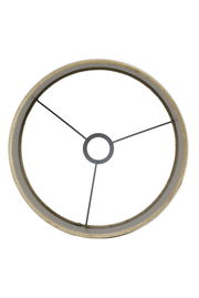 Draufsicht auf einen runden Lampenschirm mit Metallstreben, beige Farbe.