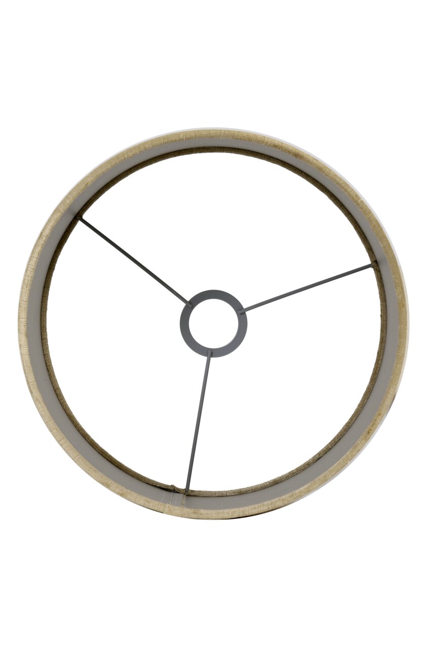 Draufsicht auf einen runden Lampenschirm mit Metallstreben, beige Farbe.