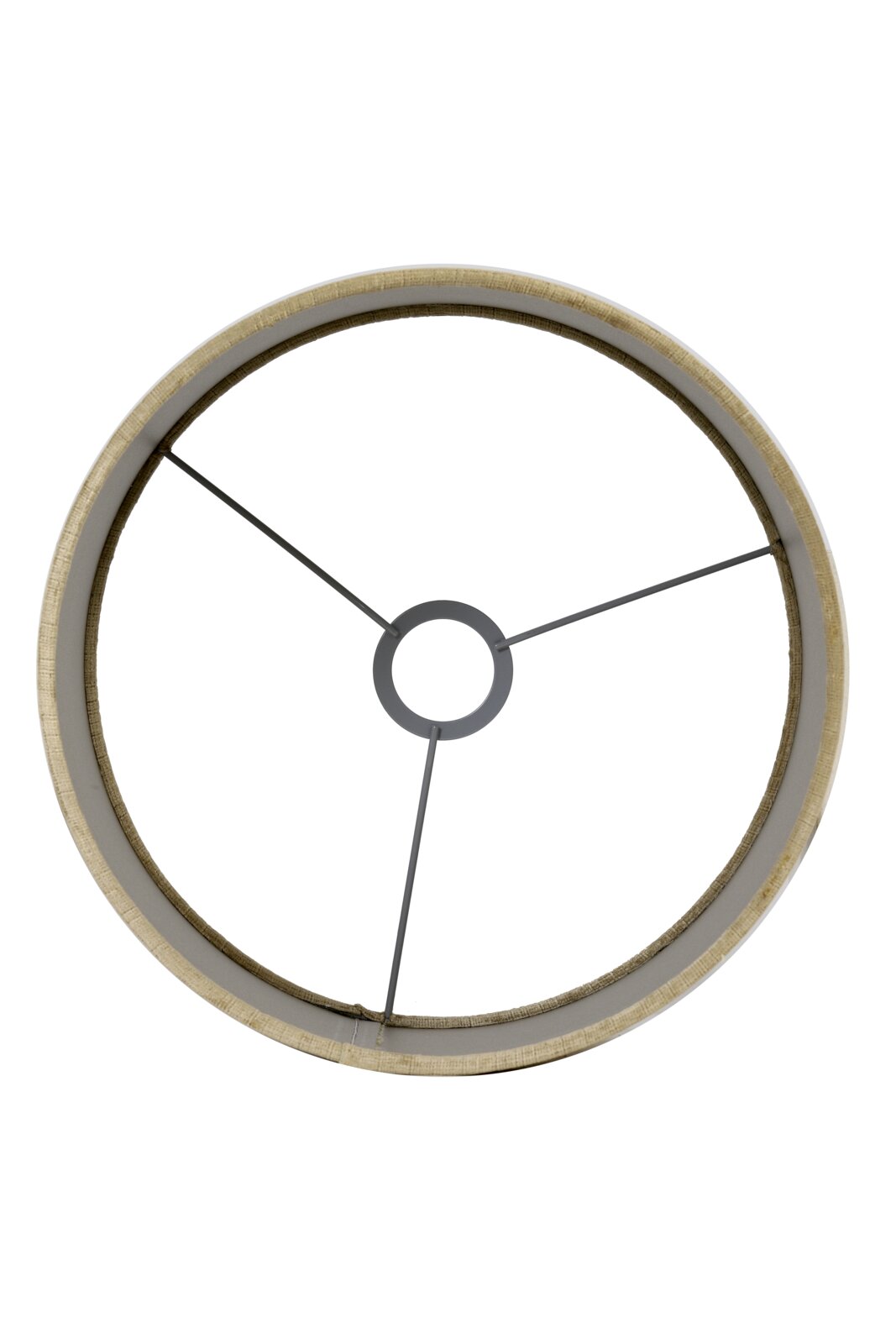 Draufsicht auf einen runden Lampenschirm mit Metallstreben, beige Farbe.