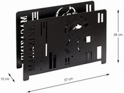 Schwarzer Zeitungsständer aus Metall mit ausgeschnittenem Design einer stilisierten Frau und dem Wort 'MAGAZINE', seitliche Perspektive.