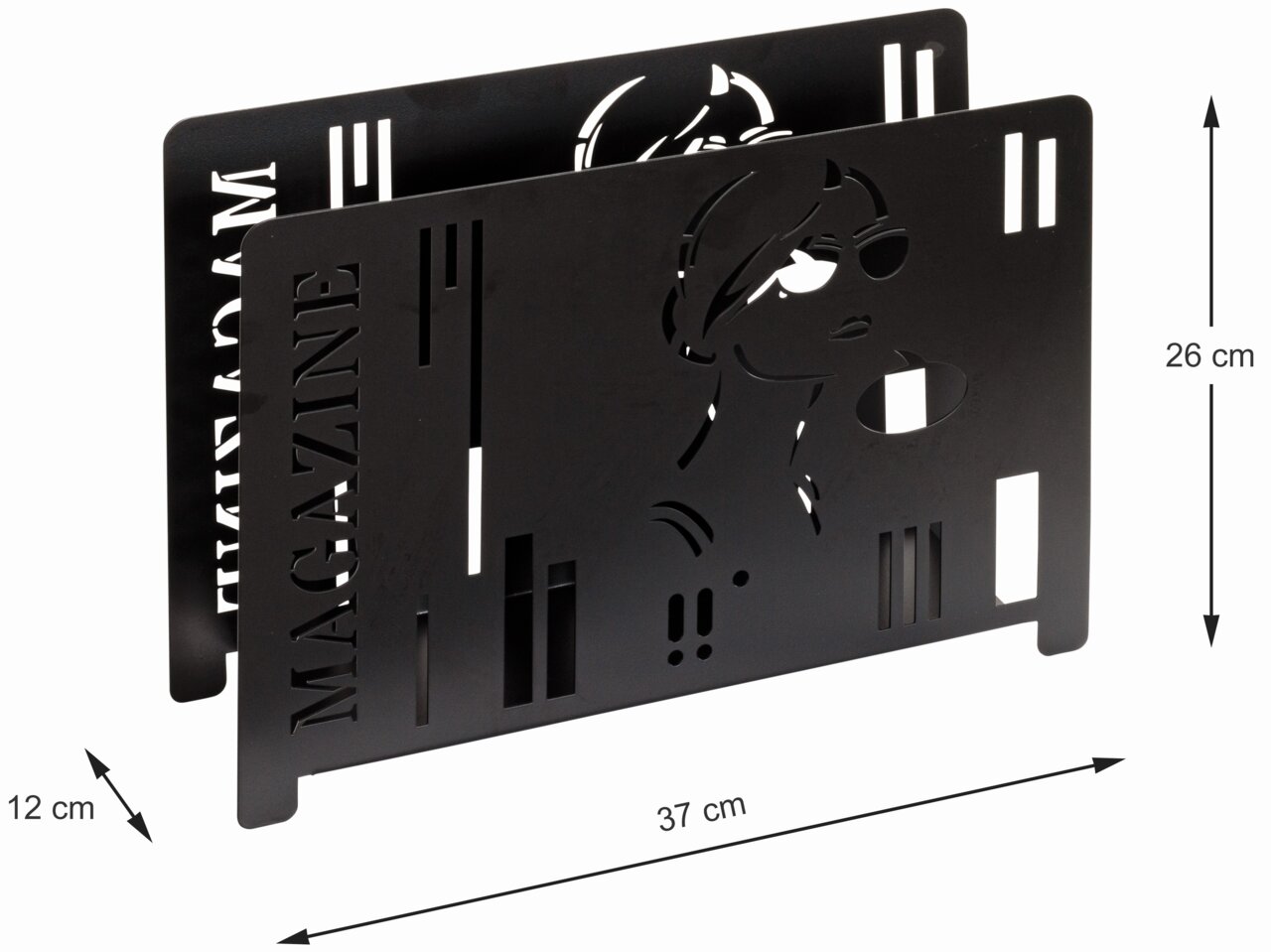 Schwarzer Zeitungsständer aus Metall mit ausgeschnittenem Design einer stilisierten Frau und dem Wort 'MAGAZINE', seitliche Perspektive.