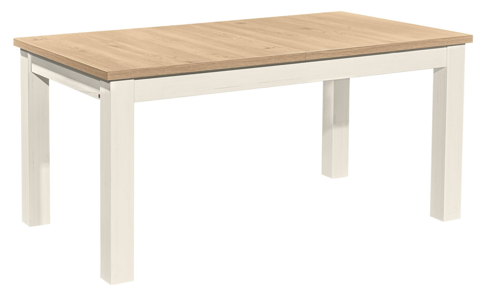 Rechteckiger Esstisch mit heller Holzplatte und weißen Beinen, seitliche Perspektive