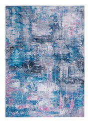 Moderner Teppich in abstraktem Design mit blauen, grauen und rosa Farbtönen, Draufsicht.