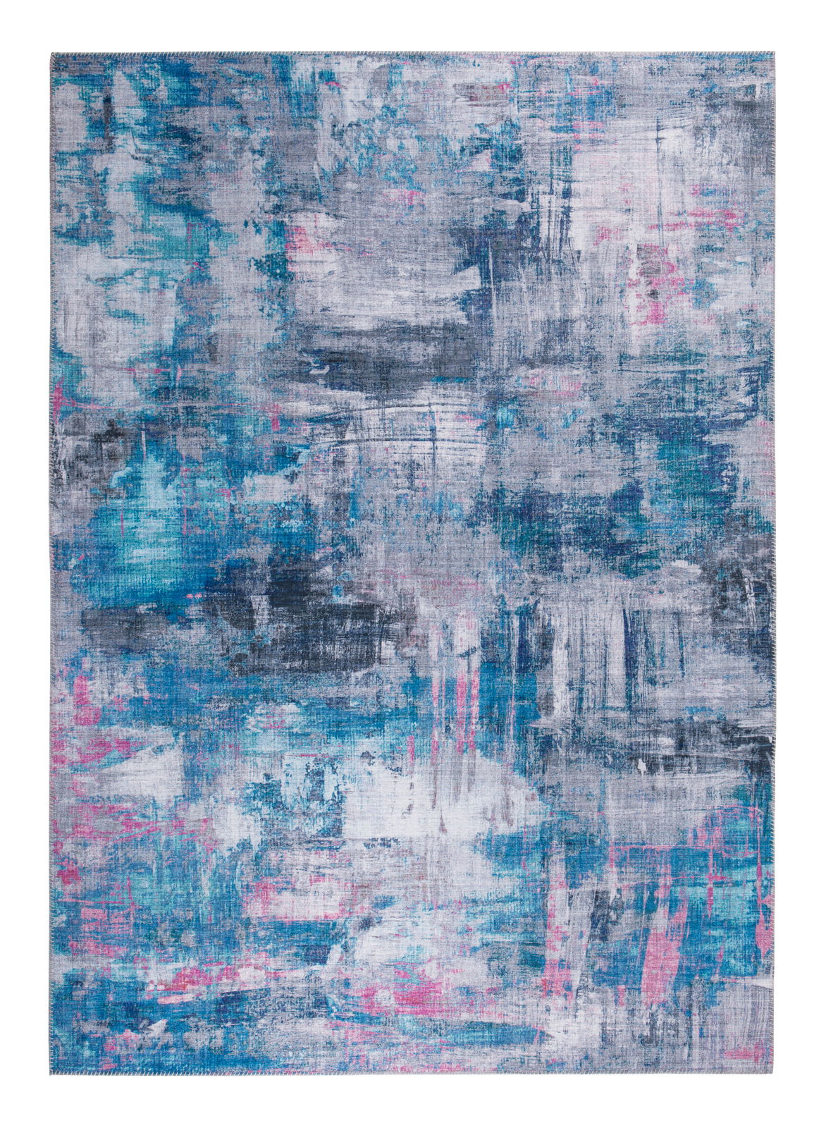 Moderner Teppich in abstraktem Design mit blauen, grauen und rosa Farbtönen, Draufsicht.