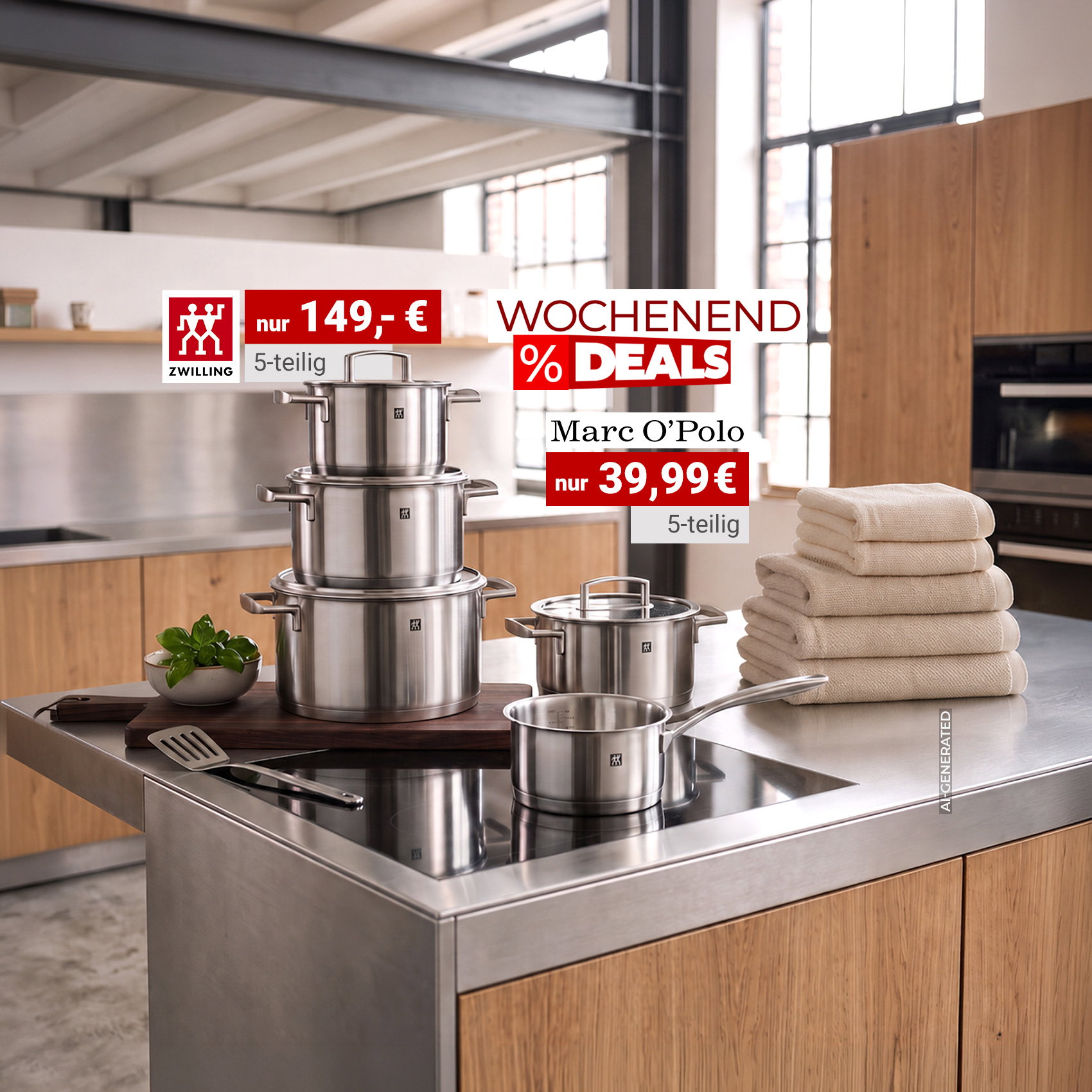 Moderne Küche mit 5-teiligem ZWILLING-Topfset für 149 € sowie 5-teiligen Marc O’Polo-Handtuchsets in Grau und Beige für je 39,99 €.