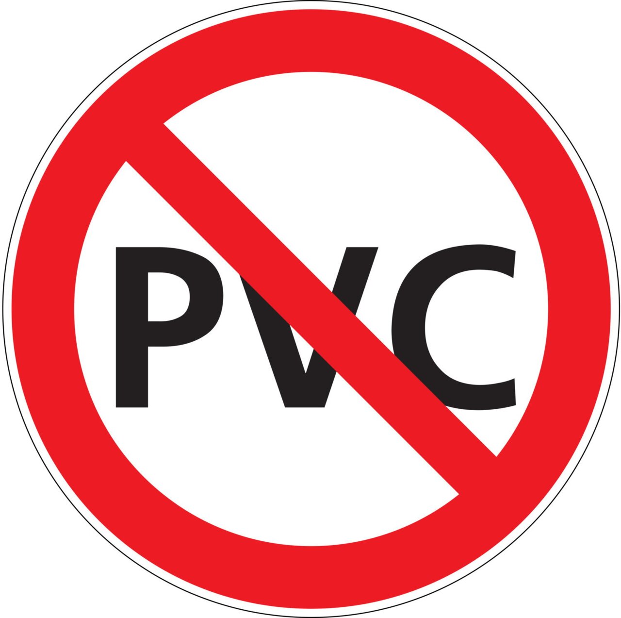 Symbol für PVC-freies Material, roter Kreis mit diagonalem Strich über den Buchstaben PVC, Frontalansicht