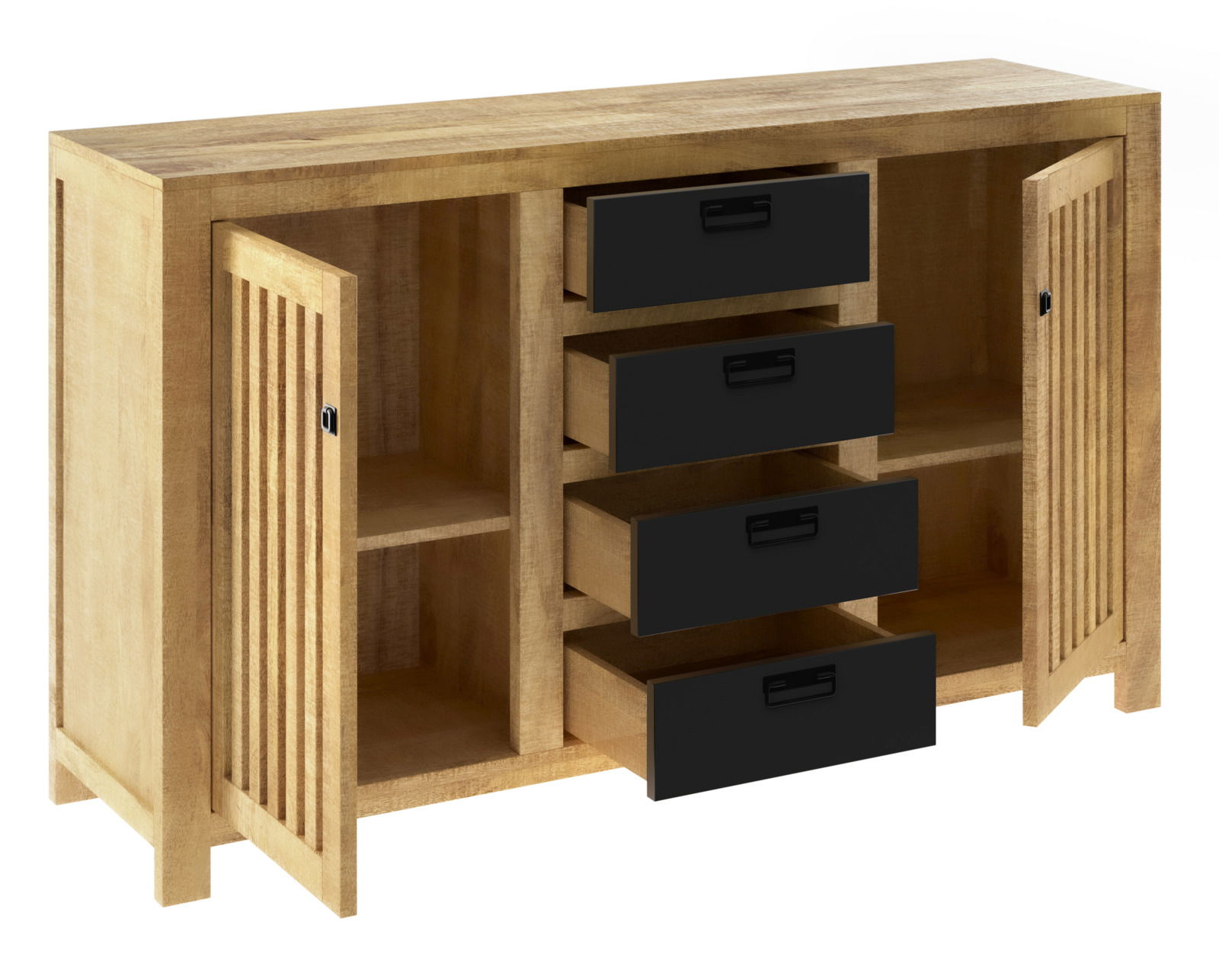 Holz-Sideboard mit vier schwarzen Schubladen und zwei offenen Türen, Perspektive von vorne