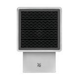 Frontansicht eines unbestückten silbernen Messerblocks mit wellenförmigem Einsatz und WMF-Logo.