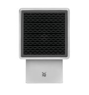 Frontansicht eines unbestückten silbernen Messerblocks mit wellenförmigem Einsatz und WMF-Logo.