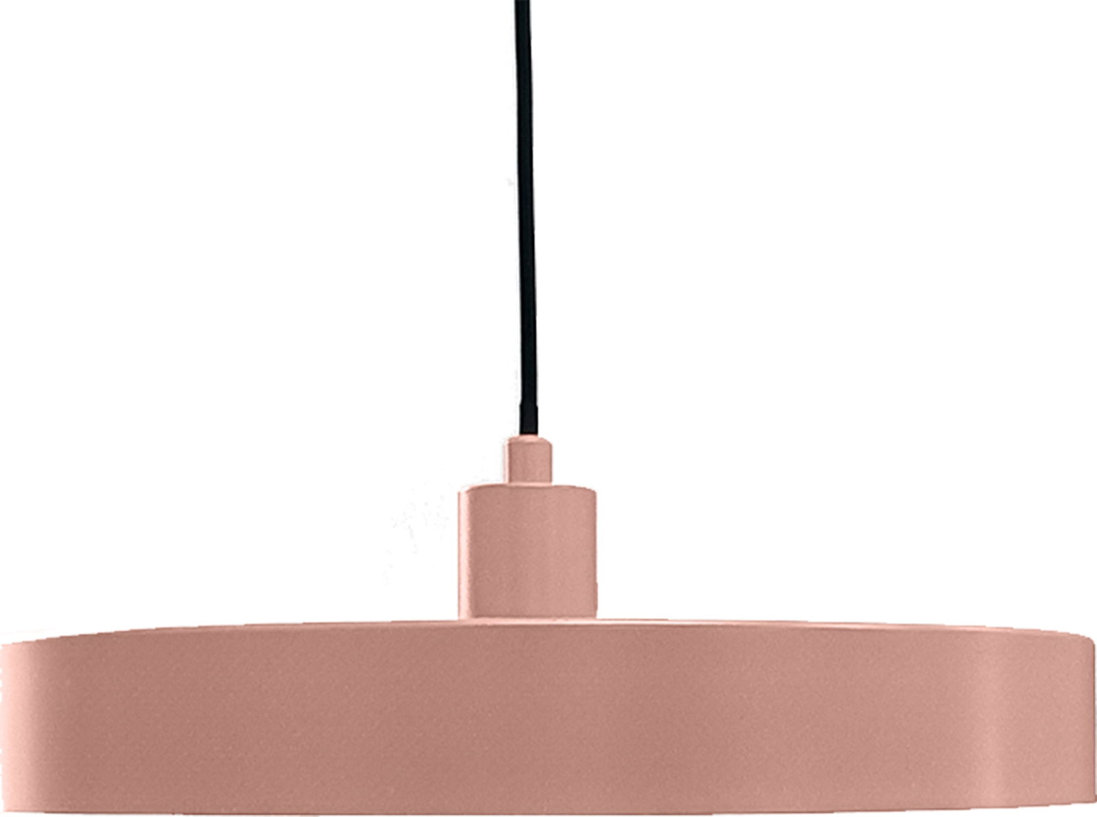 Rosafarbene Hängeleuchte aus seitlicher Perspektive mit schwarzem Kabel