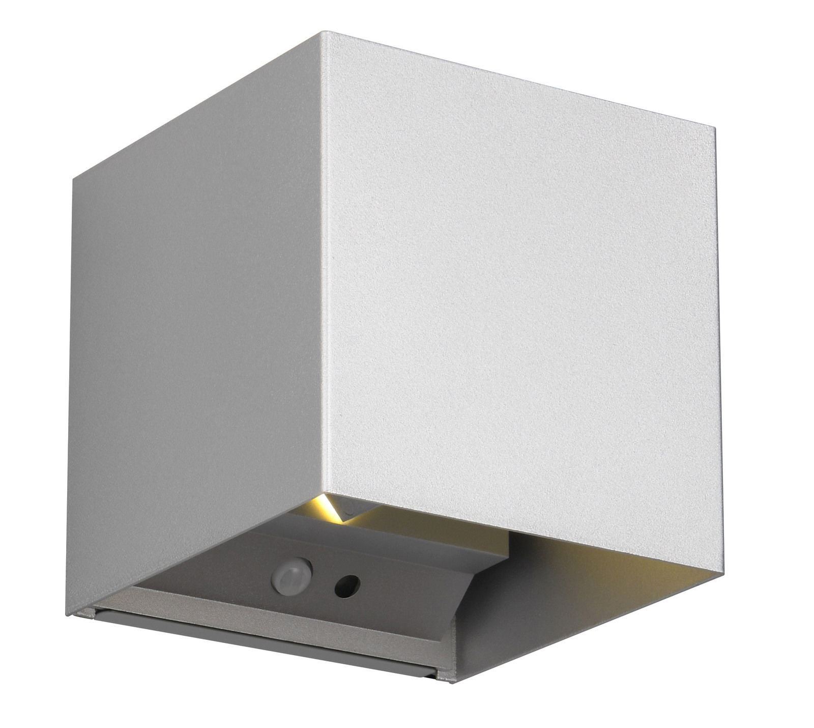 Silberne, würfelförmige Akku-Wandleuchte TALENT aus seitlicher Perspektive