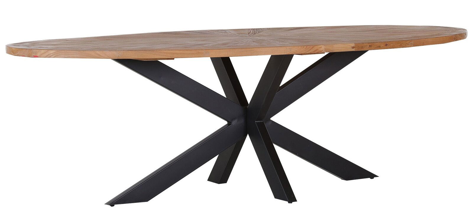 Z2 Esstisch ATTENZIONE Moderner Esstisch mit ovaler Holzplatte und schwarzem Metallgestell, seitliche Perspektive