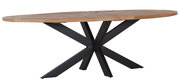 Moderner Esstisch mit ovaler Holzplatte und schwarzem Metallgestell, seitliche Perspektive