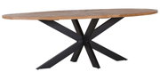 Moderner Esstisch mit ovaler Holzplatte und schwarzem Metallgestell, seitliche Perspektive
