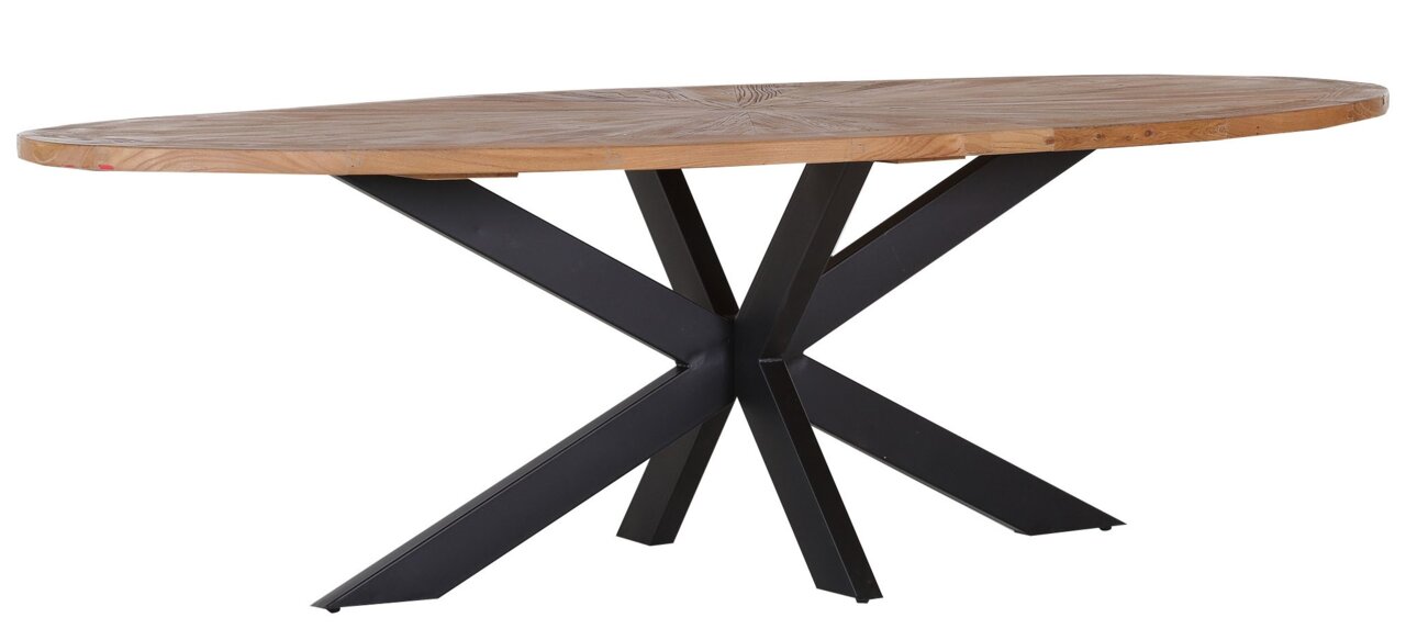 Moderner Esstisch mit ovaler Holzplatte und schwarzem Metallgestell, seitliche Perspektive