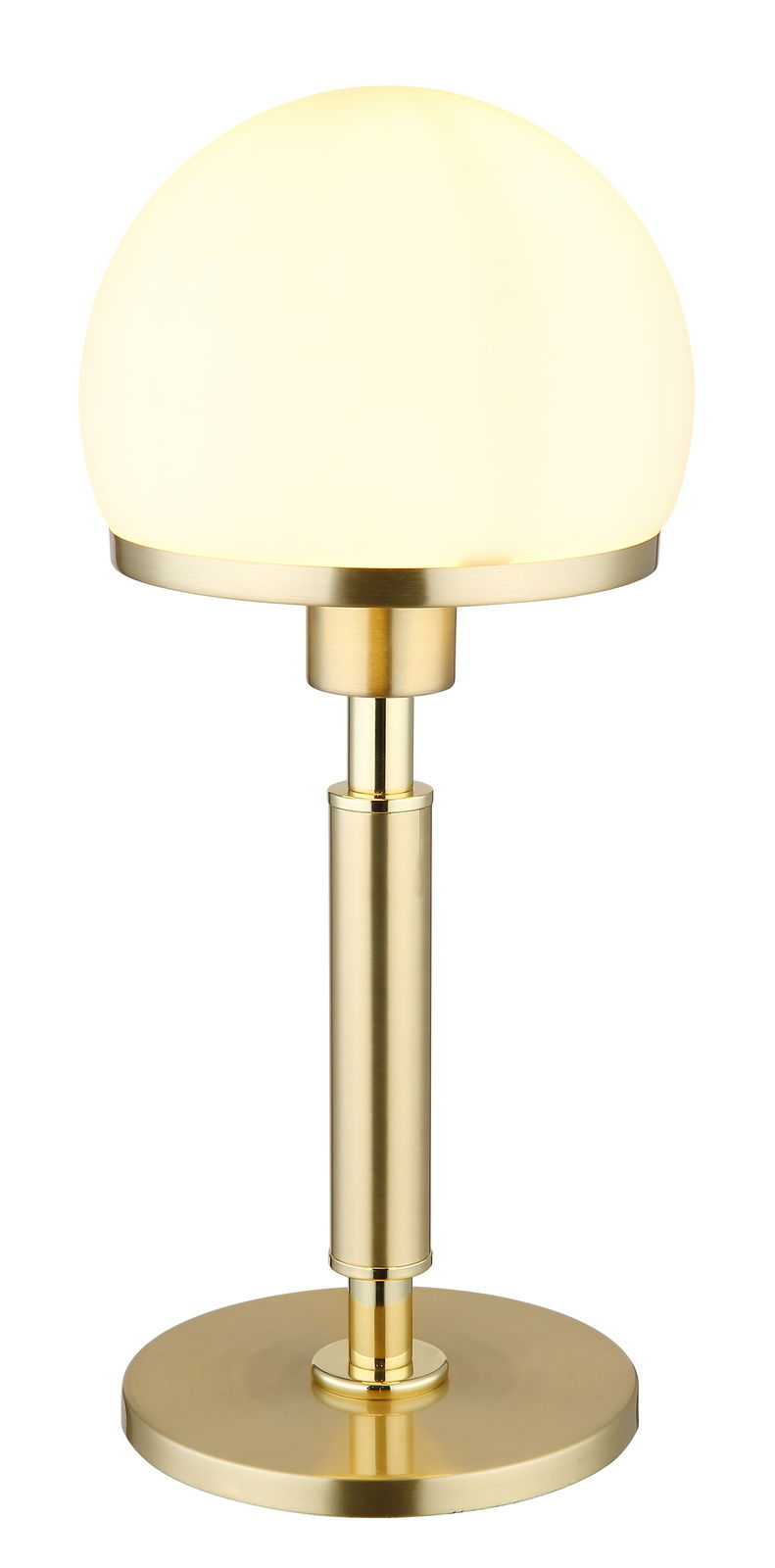 Globo Lighting Tischleuchte HAKU Elegante Tischleuchte HAKU mit rundem, weißem Lampenschirm und goldenem Standfuß, seitliche Perspektive.