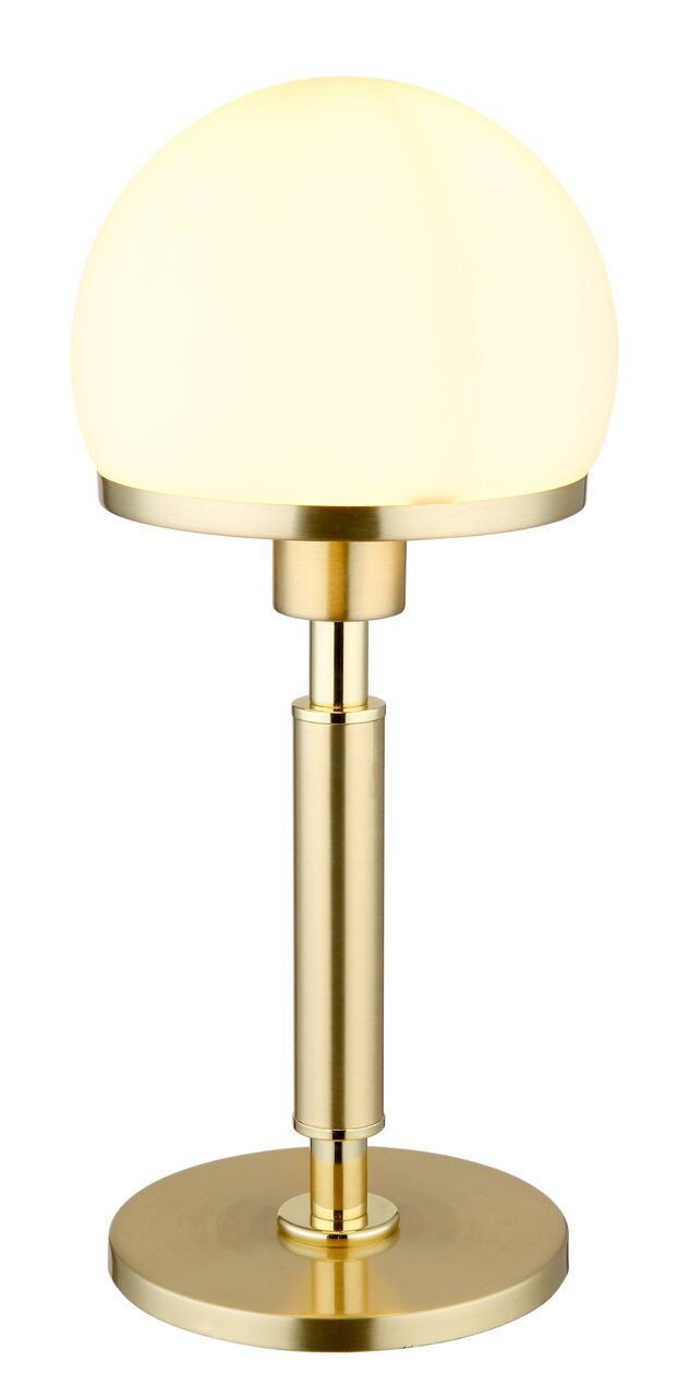 Globo Lighting Tischleuchte HAKU Elegante Tischleuchte HAKU mit rundem, weißem Lampenschirm und goldenem Standfuß, seitliche Perspektive.