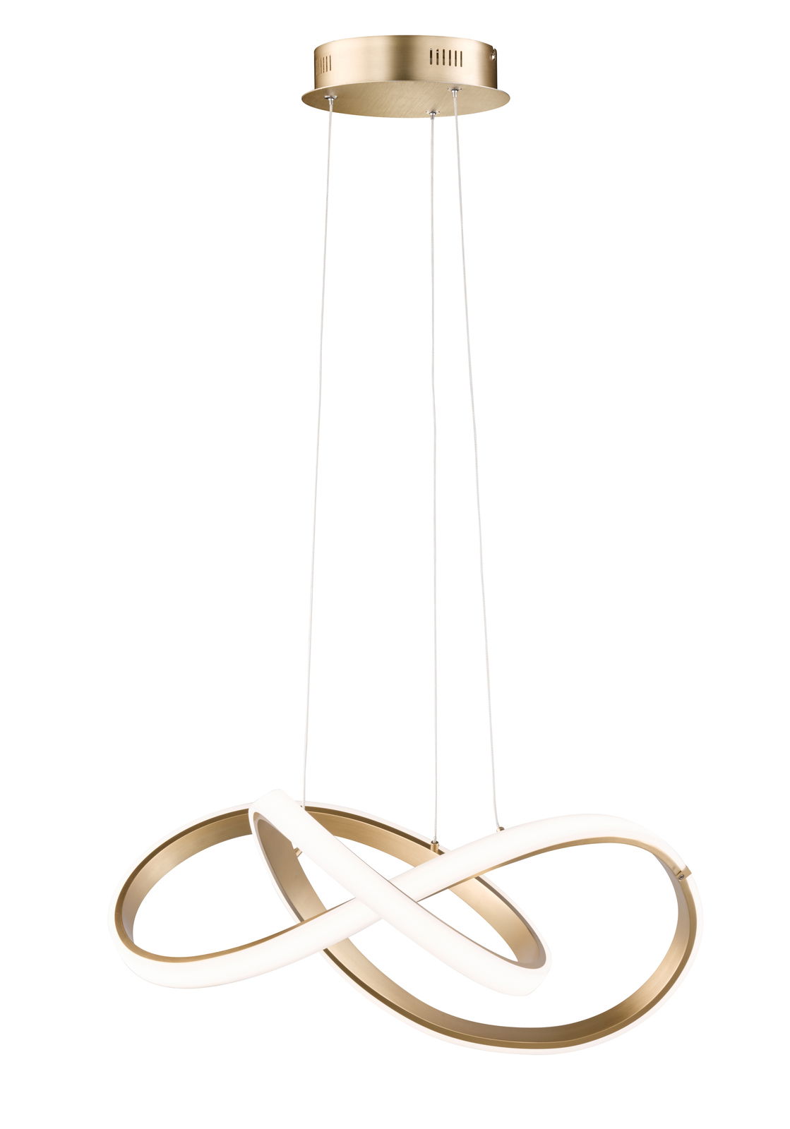 Moderne Pendelleuchte Indigo in geschwungenem Design, goldene und weiße Elemente, seitliche Perspektive