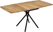Rechthoekige eettafel met een natuurkleurig massief houten blad en een zwart metalen onderstel met gekruiste poten, vrijstaand op een witte achtergrond, schuin van bovenaf gezien (3/4-perspectief)