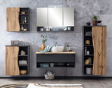 Modernes Waschtisch-Set mit Holz- und Grautönen, bestehend aus einem Waschbecken mit Unterschrank, einem Spiegel und mehreren Schränken, frontal betrachtet.