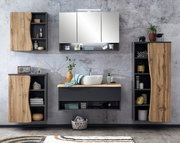 Modernes Waschtisch-Set mit Holz- und Grautönen, bestehend aus einem Waschbecken mit Unterschrank, einem Spiegel und mehreren Schränken, frontal betrachtet.