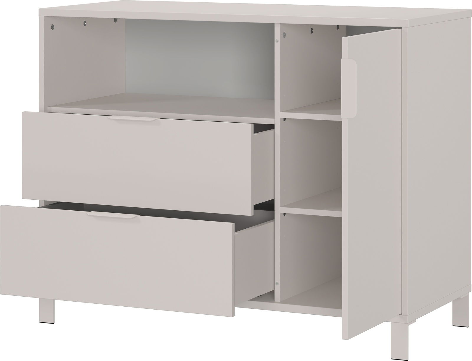 Breite Kommode mit zwei offenen Schubladen und einer geöffneten Tür, die mehrere Regalfächer zeigt. Perspektive von vorne rechts.