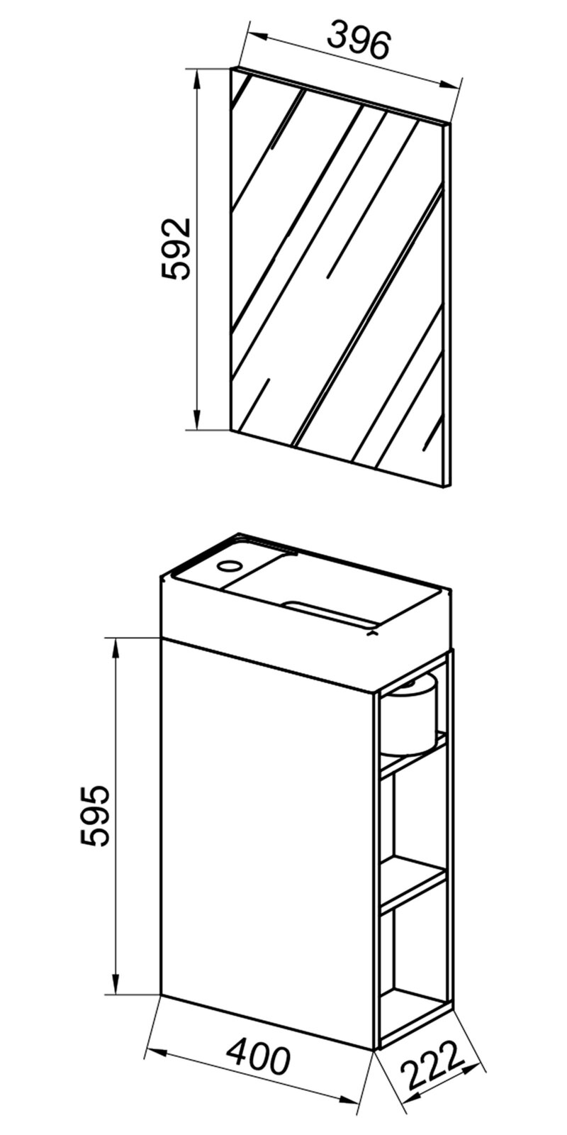 Technische Zeichnung eines kompakten Bad-Waschtischunterschranks mit seitlichen Ablagefächern und Aufsatz-Waschbecken, Maße ca. 595×400×222 mm; dargestellt in isometrischer Schrägansicht sowie Frontansicht des Spiegels (ca. 592×396 mm).