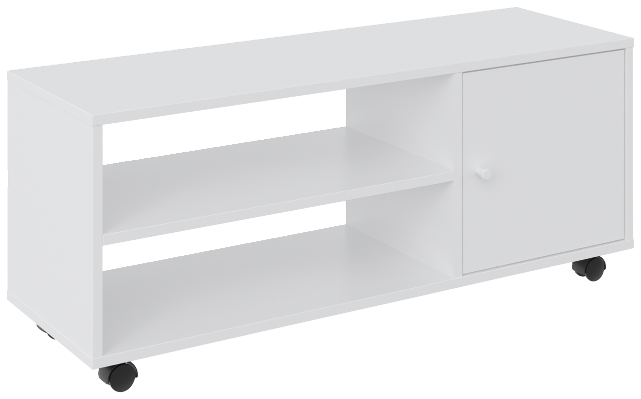 BOXXX TV-Rollwagen breit MAJA Weißer TV-Rollwagen mit zwei offenen Regalfächern und einer Tür, auf Rollen, seitliche Perspektive