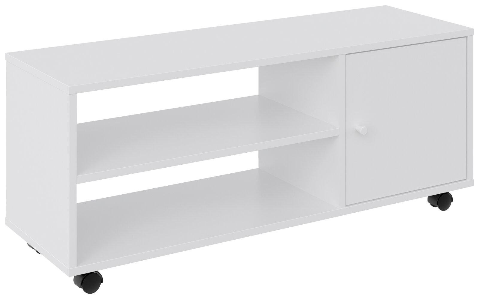 BOXXX TV-Rollwagen breit MAJA Weißer TV-Rollwagen mit zwei offenen Regalfächern und einer Tür, auf Rollen, seitliche Perspektive