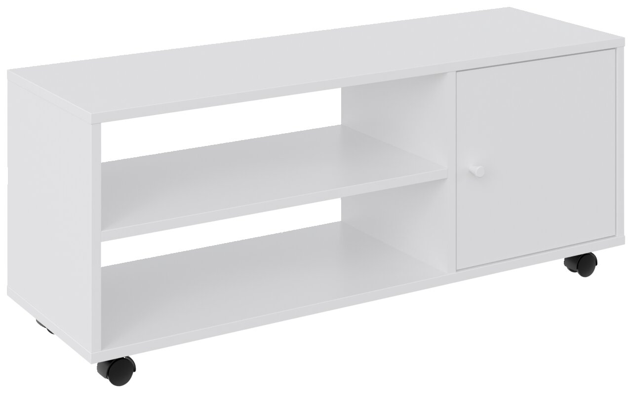 BOXXX TV-Rollwagen breit MAJA Weißer TV-Rollwagen mit zwei offenen Regalfächern und einer Tür, auf Rollen, seitliche Perspektive