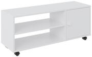 Weißer TV-Rollwagen mit zwei offenen Regalfächern und einer Tür, auf Rollen, seitliche Perspektive