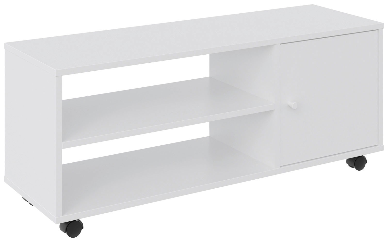 BOXXX TV-Rollwagen breit MAJA Weißer TV-Rollwagen mit zwei offenen Regalfächern und einer Tür, auf Rollen, seitliche Perspektive