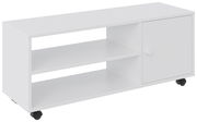 Weißer TV-Rollwagen mit zwei offenen Regalfächern und einer Tür, auf Rollen, seitliche Perspektive