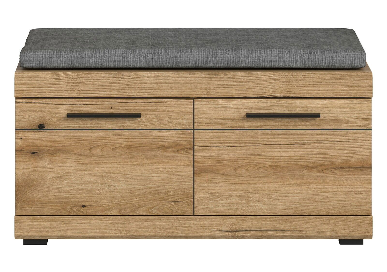 Frontale Ansicht einer Sitzbank aus Holz mit grauem Sitzkissen und schwarzen Griffen.