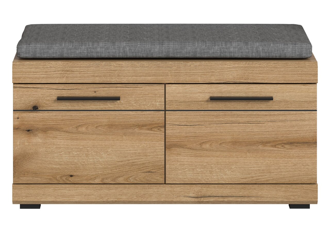 Frontale Ansicht einer Sitzbank aus Holz mit grauem Sitzkissen und schwarzen Griffen.
