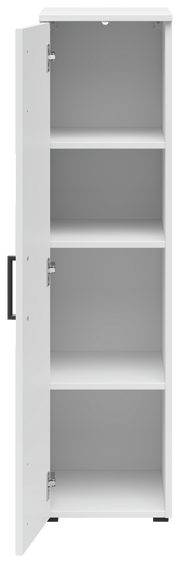 Weißer Mehrzweckschrank mit geöffneter Tür, drei Einlegeböden und seitlicher Perspektive.