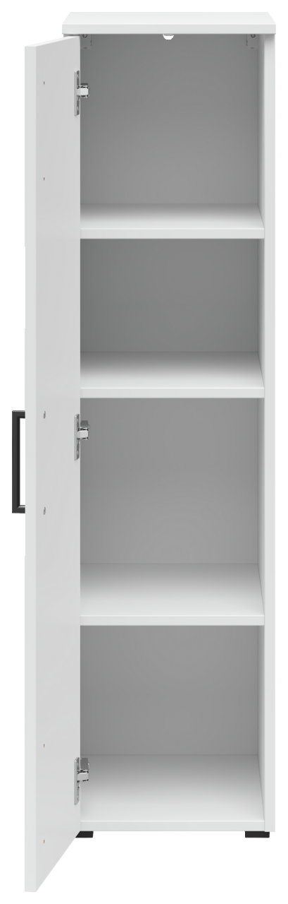 Weißer Mehrzweckschrank mit geöffneter Tür, drei Einlegeböden und seitlicher Perspektive.