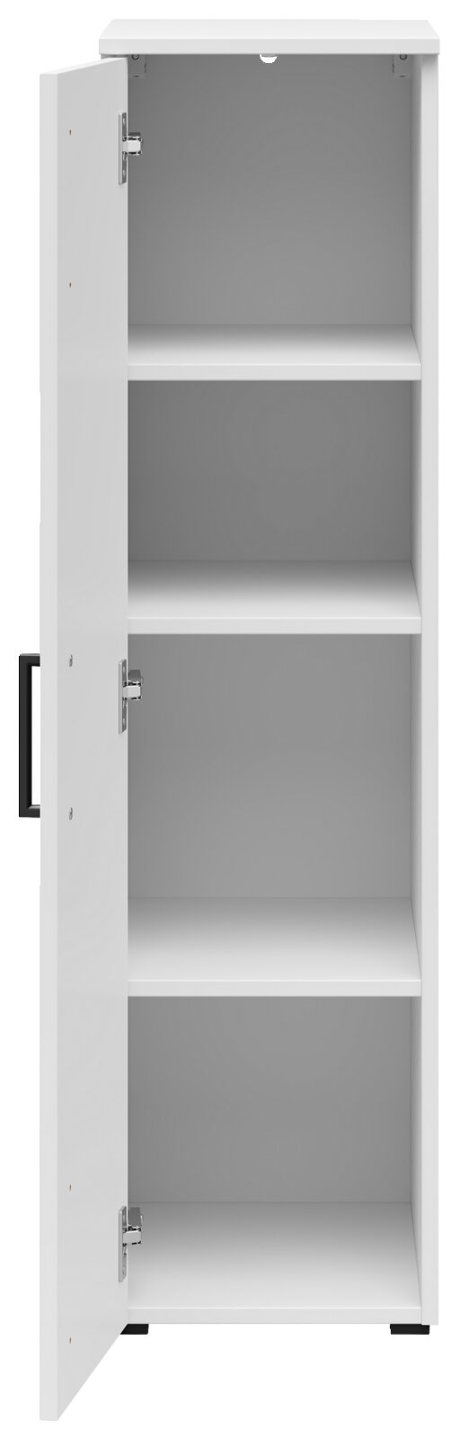 Weißer Mehrzweckschrank mit geöffneter Tür, drei Einlegeböden und seitlicher Perspektive.