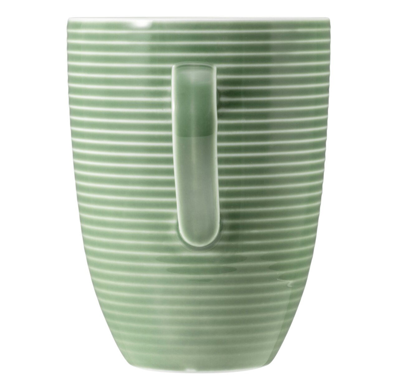 Grüner Becher mit Henkel, seitliche Perspektive, mit horizontalen Streifen.