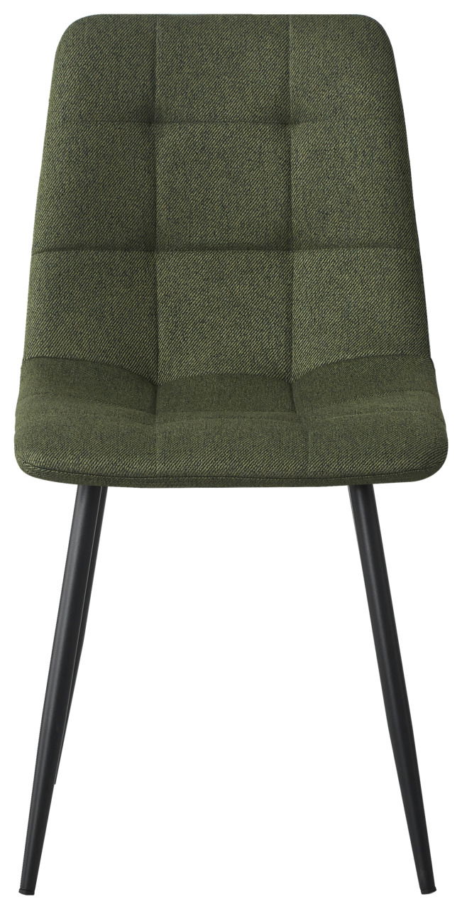 Grüner Stuhl mit gepolsterter Sitzfläche und schwarzen Beinen, Frontalansicht
