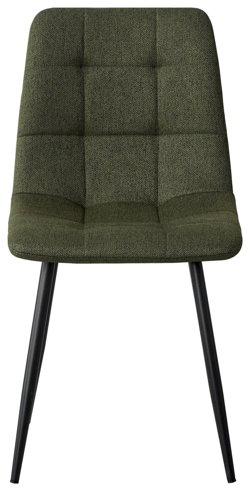 Grüner Stuhl mit gepolsterter Sitzfläche und schwarzen Beinen, Frontalansicht