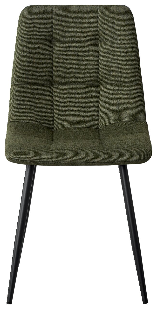 Grüner Stuhl mit gepolsterter Sitzfläche und schwarzen Beinen, Frontalansicht