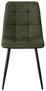 Grüner Stuhl mit gepolsterter Sitzfläche und schwarzen Beinen, Frontalansicht