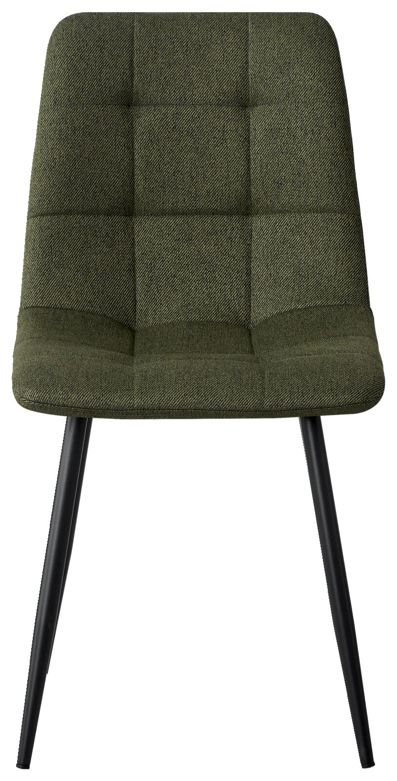Grüner Stuhl mit gepolsterter Sitzfläche und schwarzen Beinen, Frontalansicht