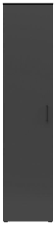 Frontansicht eines schwarzen Mehrzweckschranks mit einfacher Tür und Griff.