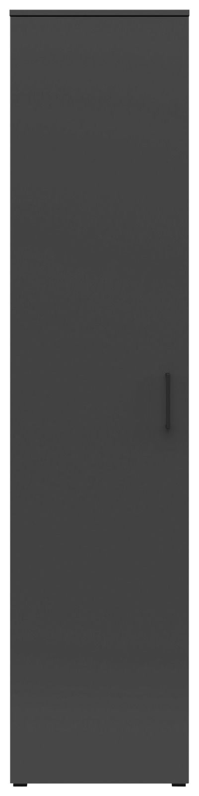 Frontansicht eines schwarzen Mehrzweckschranks mit einfacher Tür und Griff.