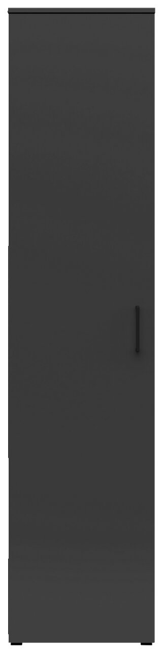 Frontansicht eines schwarzen Mehrzweckschranks mit einfacher Tür und Griff.